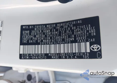 2020 Toyota Corolla Le from USA, damaged, VIN 5YFEPRAE4LP044173